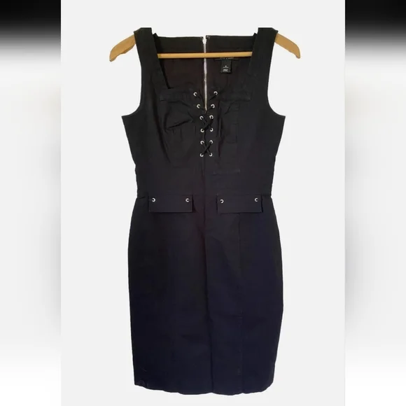 White House Black Market Sheath Black Dress Lace Up Size 2 Nwot - Picture 2 of 8